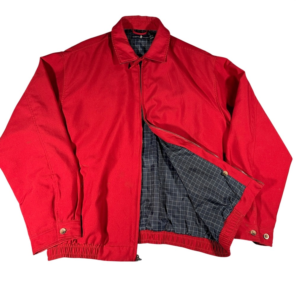 T-Harris London Mens Red Harrington Windbreaker Jacket Full Zip Grid Lining L